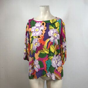 OBUS - WOMEN'S SIZE 1 - MULTICOLOR FLORAL SHORT VISCOSE ROUND NECK TOP SHIRT
